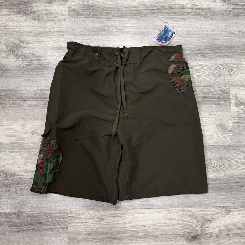 Breaking Waves Men's‎ Olive Green Swim Trunks Camo Patch Accents Medium